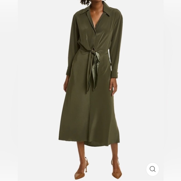 Vince Olive Green Tie Front Long Sleeve Midi Dress Business Cocktail Size Large